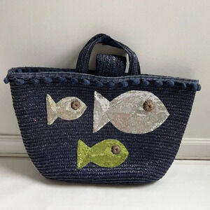 FELIX REY Blue Woven With Pom Pom Sequin’s Beach Large Tote Beach Straw